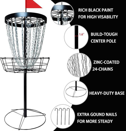 Disc Golf Basket with Discs | Portable Disc Golf Target with Heavy Duty 24-Chains Disc Golf Course