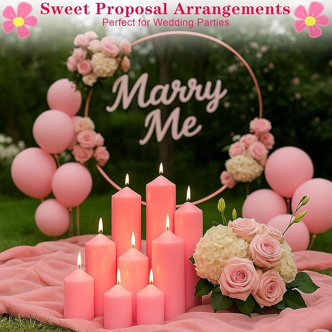 36 Pcs Pink Pillar Candles Bulk Set，Hurricane Candlesï¼? Different Lengths (12 Each)，Dripless