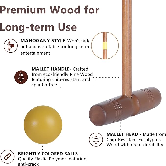 Brown Croquet Set for Adults - 8 Players Croquette Kit with 35In Deluxe, 32In Regulation Size