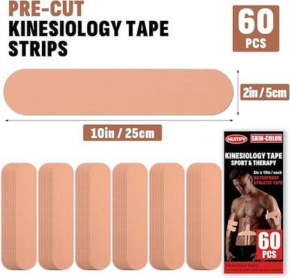 60PCS Precut Kinesiology Tape Strips, 2 inch x 10 inch Athletic Tape, Kinetic Tape, Elastic Muscle