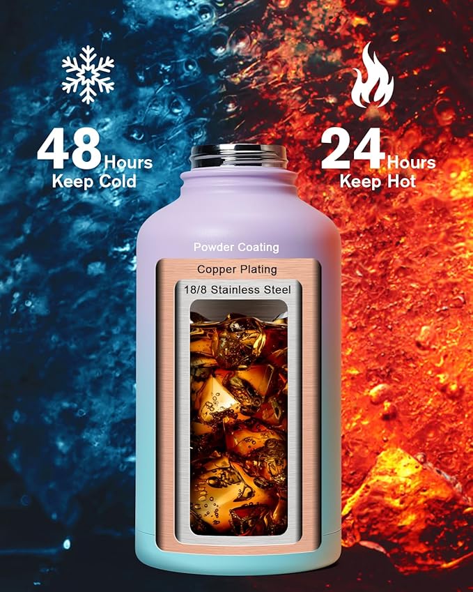 Insulated Water Bottle 64oz,Half Gallon Water Flask Stainless Steel, Cold for 48 Hrs,BPA-Free &