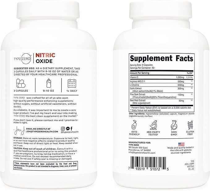 Type Zero Nitric Oxide 6X Booster, 150 Veggie Capsules - Natural Supplement - Beetroot, Arginine