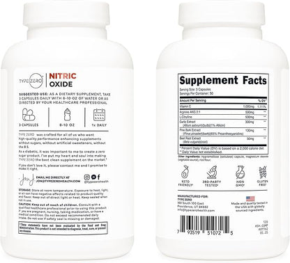 Type Zero Nitric Oxide 6X Booster, 150 Veggie Capsules - Natural Supplement - Beetroot, Arginine