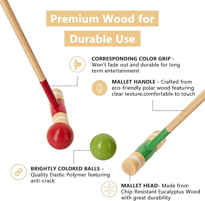 8 Players Croquet Set with 32In Regulation | 28In Standard Size Rubber Wood Mallets, Colored PE