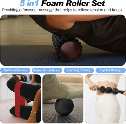 5 in 1 Foam Roller Set Trigger Point Foam Roller, Massage Roller Stick, Massage Ball, Stretching