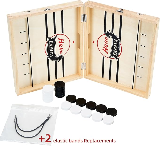 Foldable Fast Sling Puck Game with Chess Board and Checkers Board, Tic Tac Toe. Wooden Air Hockey