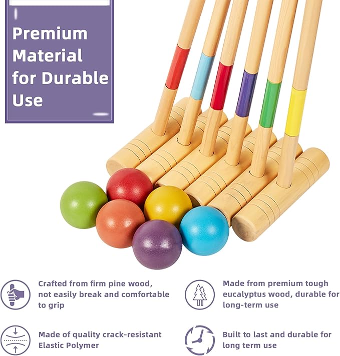 ApudArmis 35In Six Players Croquet Set with Deluxe Premiun Pine Wooden Mallets,Colored