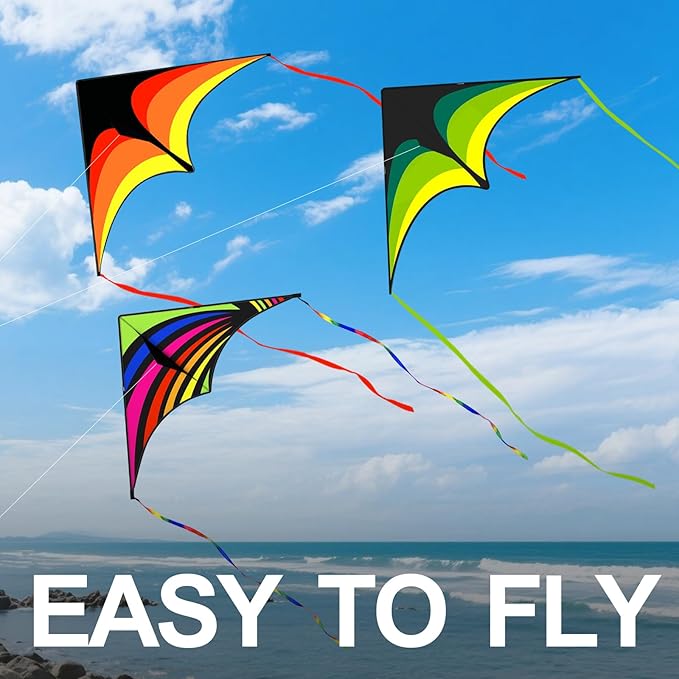 3 Pack Delta Kite Set for Adults and Kids, Single Line Beach Kites for Boys & Girls, Three Handle
