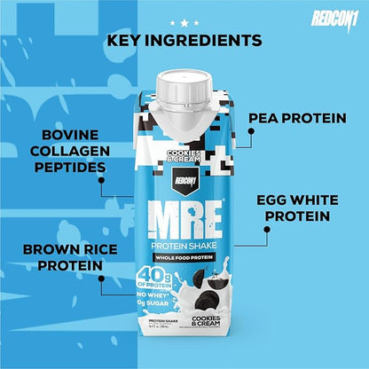 REDCON1 MRE Ready to Drink Protein Shakes, Cookies & Cream - Lactose + Whey Free RTD Protein Made