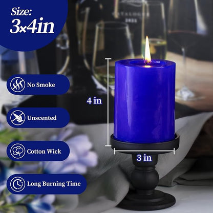 KONNI Classic Blue Pillar Candles Set of 3, 3"x 4" Unscented Pillar Candles Bulk, 42 Hours Long