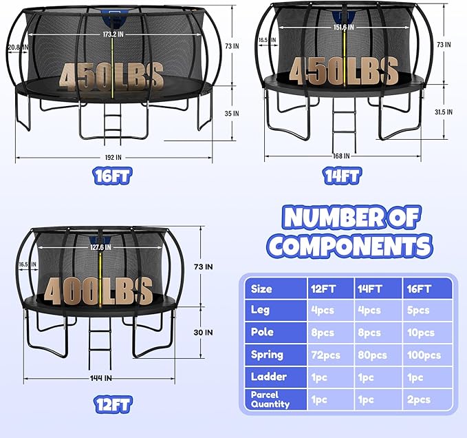 Trampoline 8FT 10FT 12FT 14FT 16FT, Outdoor Trampolines for Kids and Adults, Recreational