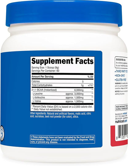 Nutricost BCAA Powder (Strawberry Kiwi) 60 Servings - Optimal 2:1:1 Ratio