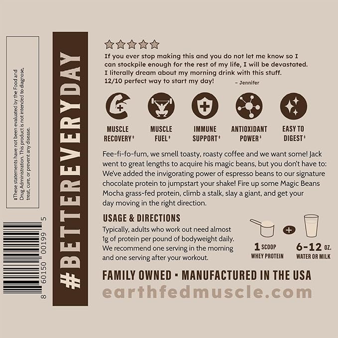 Earth Fed Muscle Magic Beans Mocha Truly Grass Fed Whey Protein Powder - No Artificial Ingredients