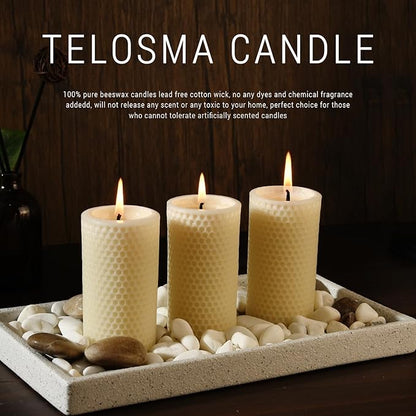 Pure Natural Beeswax Pillar Candles Bulk - Pack of 6 - Honeycomb Surface, No Scent- for