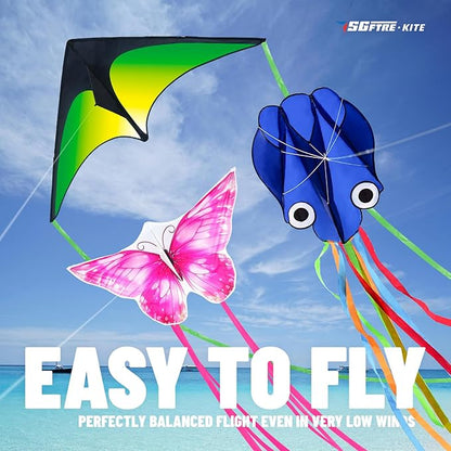 3 Piece Set Butterfly Delta and Octopus Kites for Boys and Girls, Beach Kites for Family Outdoor