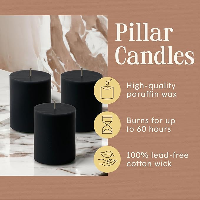 Mister Candle Dripless Unscented Pillar Candles, Set of 3 Hand Poured Solid Color Non-Scented