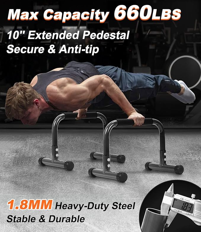 Push Up Bar, 12 Inch High Non-Slip Parallettes Bars & Dip Bars With Foam Handles, Heavy-Duty No