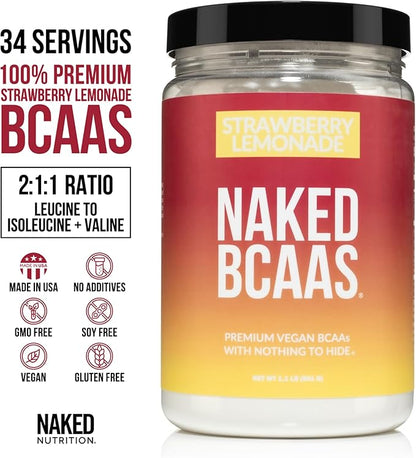 NAKED Strawberry Lemonade BCAAs Amino Acids Powder, 100% Pure 2:1:1 Formula, Vegan Branched Chain