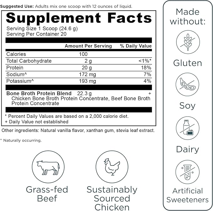 Ancient Nutrition Grass Fed, Cage Free, Bone Broth Protein Powder, 20g Protein, Hydrolyzed Collagen