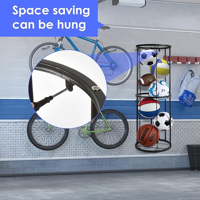 Garage Ball Storage Rack - Wall-Mounted Vertical Ball Holder for Basketball, Soccer, Volleyball