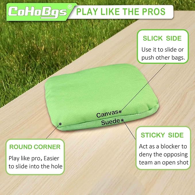 CoHoBgs Corn Hole Bags Set 8, Professional Cornhole Bags Dual-Sided Slick & Stick Resin Filled