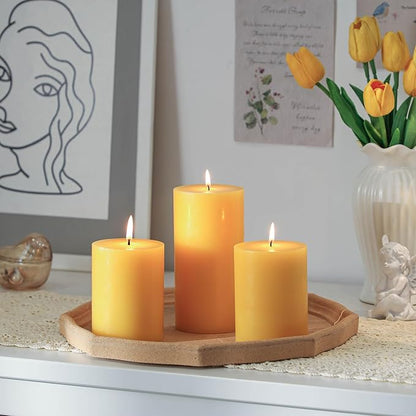 3x4 Inch Yellow Pillar Candles Set of 3 - Decorative Unscented Pillar Candle, Long Burning Dripless