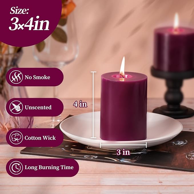 KONNI Purple Pillar Candles Set of 3, 3"x 4" Unscented Pillar Candles Bulk, 39 Hours Long Burning