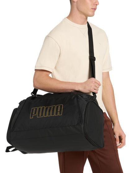 PUMA Accelerator Duffel Bag with Removable Strap & Shoe Pocket, Black/Gold, One Size