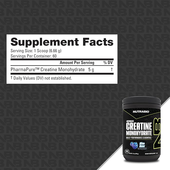 NutraBio Pure Micronized Creatine Monohydrate Powder Supplement, Blue Razz Burst(300 g) - Supports