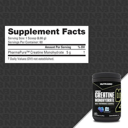 NutraBio Pure Micronized Creatine Monohydrate Powder Supplement, Blue Razz Burst(300 g) - Supports