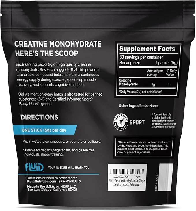 Fluid - Ultra-Fine Micronized 100% Creatine Monohydrate, Informed Sport Certified, Safe for