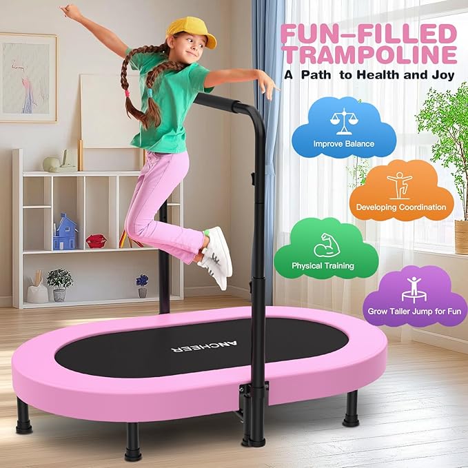 ANCHEER 56'' Foldable Mini Trampoline with Adjustable Handle - Indoor/Outdoor Rebounder for Kids &