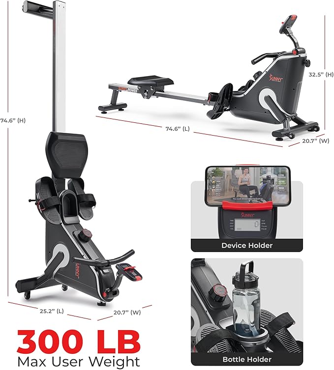 Sunny Health & Fitness Flip & Foldable Rowing Machine for Home w/Extended Slide Rail, Full-Body