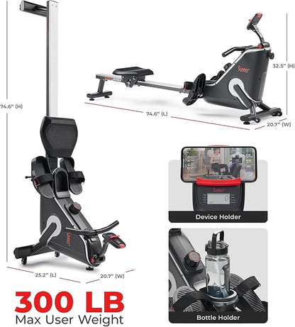 Sunny Health & Fitness Flip & Foldable Rowing Machine for Home w/Extended Slide Rail, Full-Body
