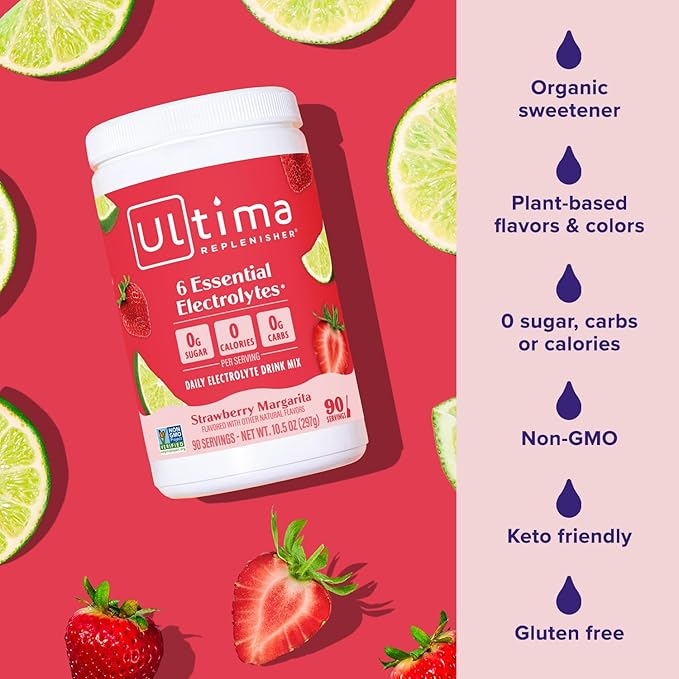 Ultima Replenisher Daily Electrolyte Powder Drink Mix – Sugar Free – Strawberry Margarita, 90