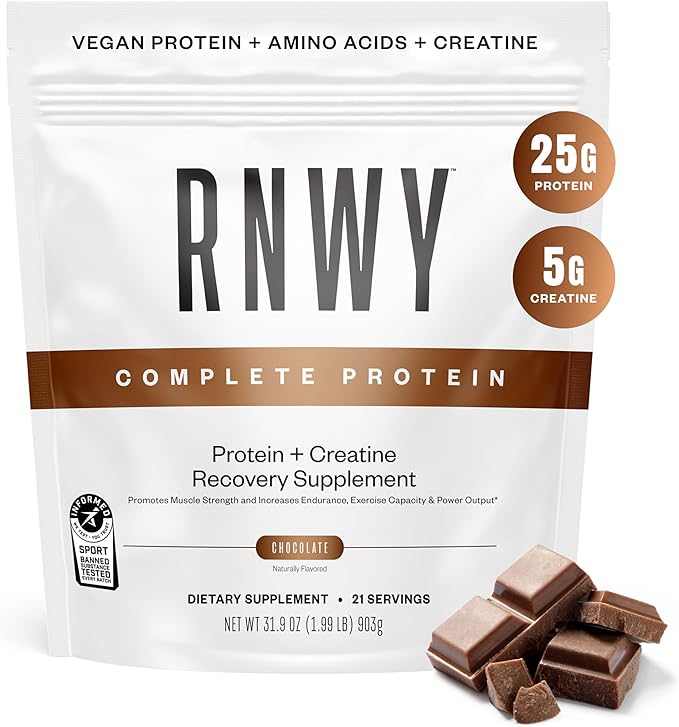 RNWY 25g Chocolate Protein + 5g Creatine Powder, Vegan Plant-Based Protein with Digestive Enzymes