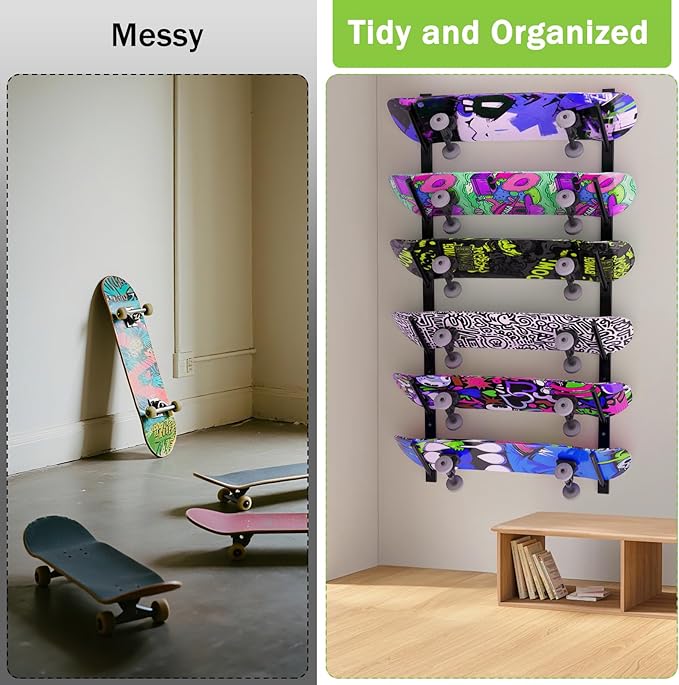 Skateboard Wall Mount, 6-Tier Skate Board Rack Wall Mount, Snowboard Storage Longboard Deck