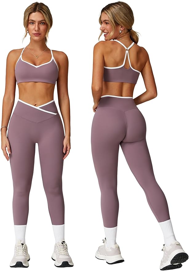 ABOCIW Workout Sets for Women 2 Piece Color Block Strappy Sports Bra High Waist Leggings Gym Yoga
