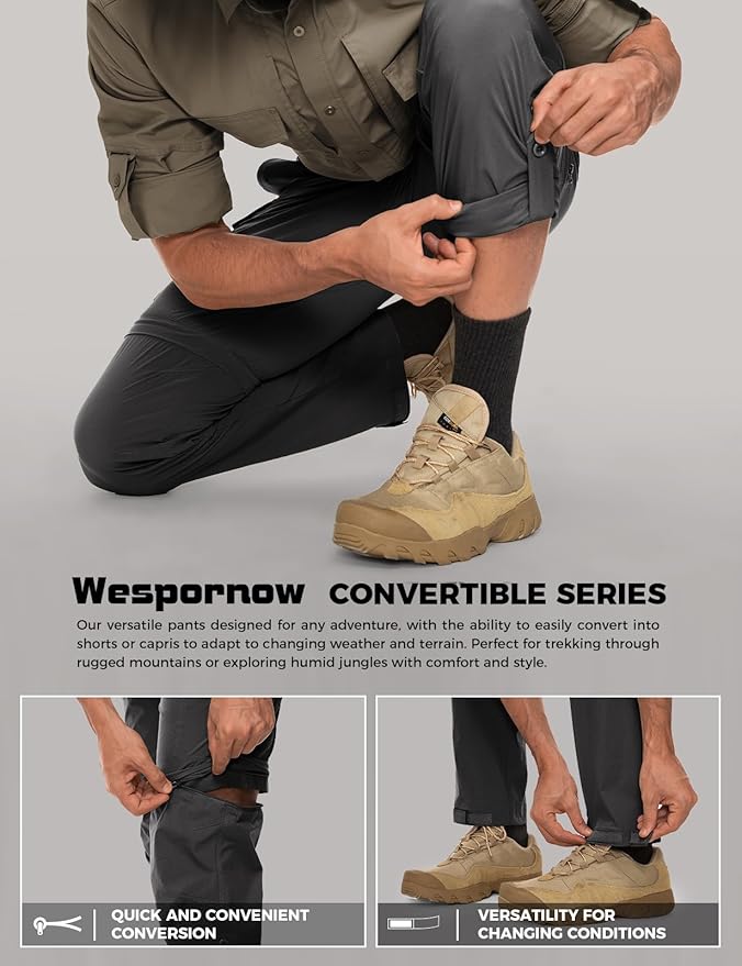 Wespornow Men's-Convertible-Hiking-Pants Quick Dry Lightweight Zip Off Breathable Cargo Pants for