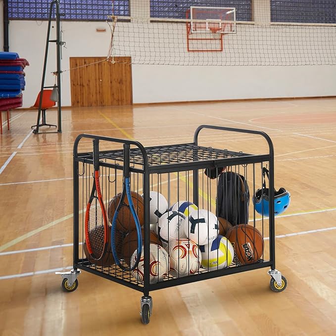 MyGift Large Capacity Metal Rolling Multi Sports Ball Cage Storage Hopper, Gym Equipment Basket