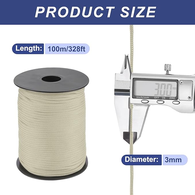 MECCANIXITY 1/8 Inch Polypropylene Rope Braided Ropes, 328ft Nylon Rope Hollow Utility Cord for