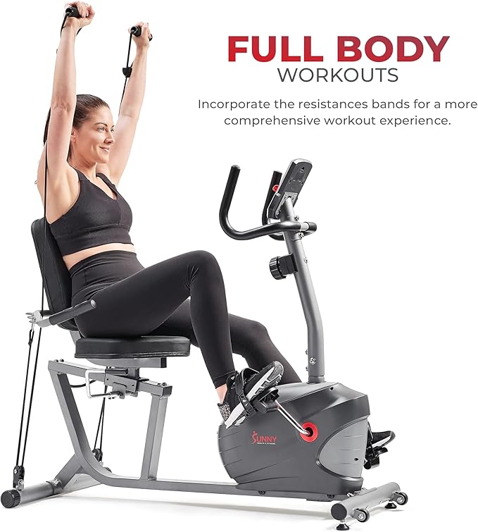 Sunny Health & Fitness Smart Indoor Recumbent Bike Trainer, Home Full Body Workout & Cardio Cycling
