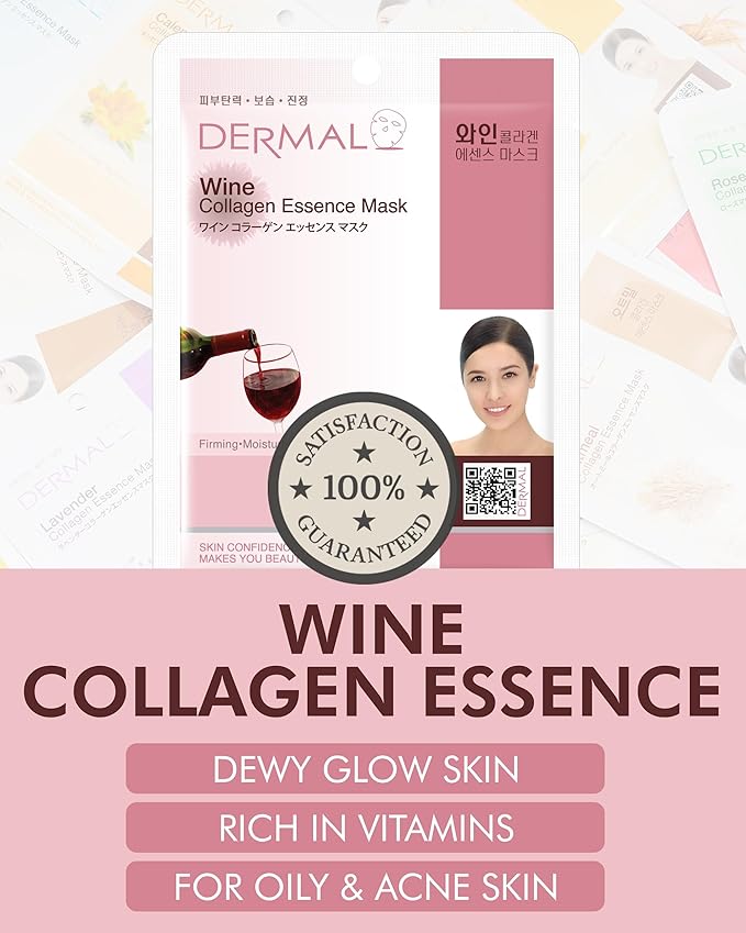 DERMAL Wine Collagen Essence Facial Mask Sheet 23g Pack of 10 - Moisturizing & Firming for Tired