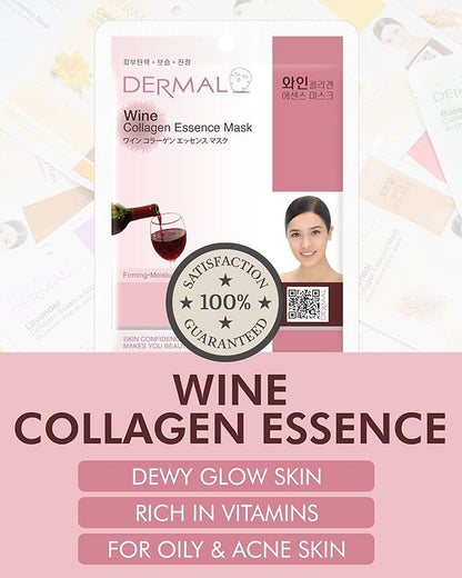 DERMAL Wine Collagen Essence Facial Mask Sheet 23g Pack of 10 - Moisturizing & Firming for Tired