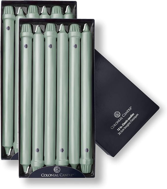 Colonial Candle Unscented Taper Candle, Classic Collection, Colonial Classic Green, 12 In, Pack of