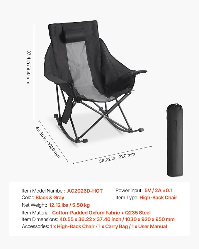 VEVOR Heated Camping Chair, 3 Heating Settings, Large-Sized Padded Folding Rocker, Heavy Duty