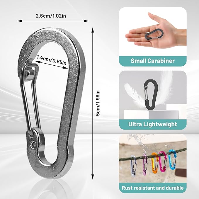Multi-Pack Aluminum Carabiner Clips, 2" Ultra-Light Spring & Locking for Key,Hiking, Outdoor