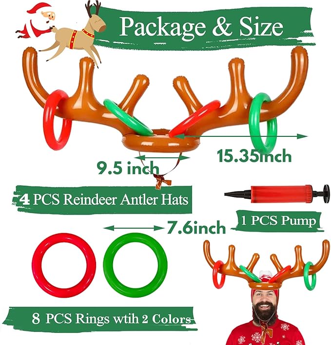 4 Pack Inflatable Reindeer Antler Ring Toss Game (4 Antlers 16 Rings) Reindeer Antler Hat Ring Toss