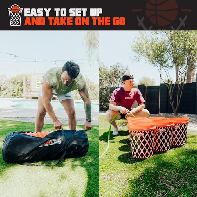 Giant Yard Pong and Basketball Game with 12 Buckets, 2 Balls, Carrying Bag, and Air Pump – Outdoor