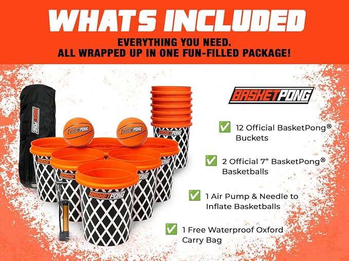 Giant Yard Pong and Basketball Game with 12 Buckets, 2 Balls, Carrying Bag, and Air Pump – Outdoor